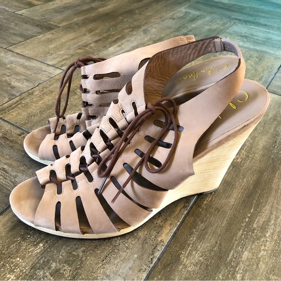 Cole Haan Shoes - Cole Haan Leather Slingback Tan Wedges Lace Up Size 10